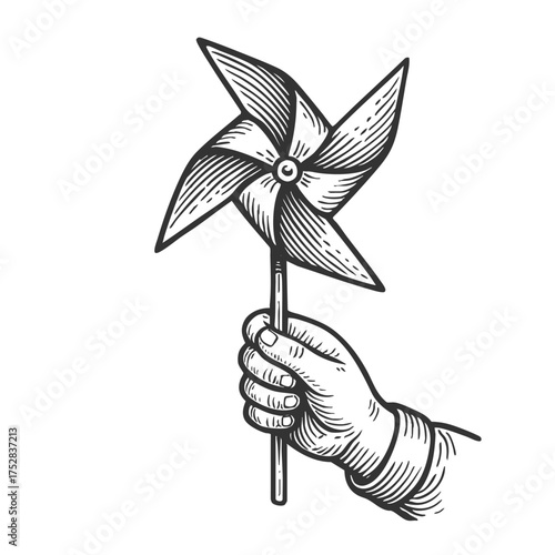 Child hand holding a pinwheel toy sketch engraving generative ai fictional character vector illustration. Scratch board imitation. Black and white image.