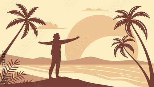 Flat Design: Happy Traveler Embracing Freedom on Tropical Beach at Sunrise. Wellness, Vacation, New Beginnings for Lifestyle Marketing.