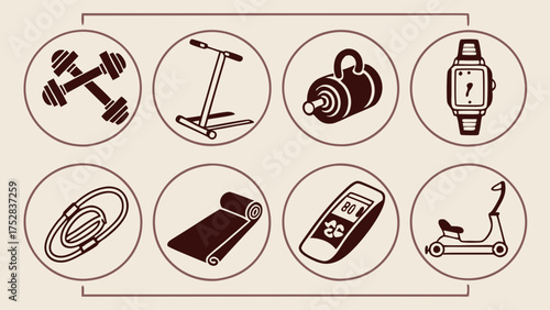 Workout Equipment Icons Set Essential Fitness Tools for Home Gym and Active Lifestyle Health and Wellness Motivation for Digital Design