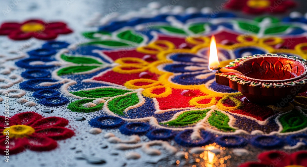 Obraz premium Stunning Diwali celebration with vibrant rangoli art and a glowing diya lamp, perfect for cultural event promotions.