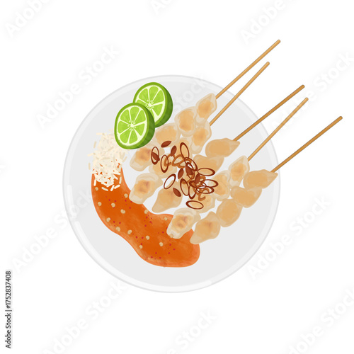 Vector Illustration Logo Clipart Top View Indonesian Satay or Sate Taichan with Sambal