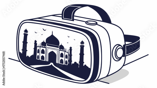 Virtual Reality Headset Displaying Taj Mahal for Immersive Digital Travel Exploring World Landmarks with Future Tourism Technology