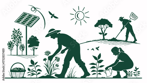 Sustainable Organic Farming and Gardening with Solar Energy. Farmers Cultivating Healthy Crops for Eco-Friendly Living.