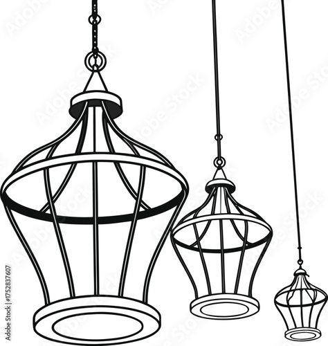 Antique brass lanterns and decorative light fixtures casting shadows in a moody setting isolated on transparent background