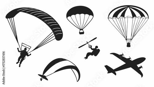 Dynamic Aerial Adventure Sports Silhouettes Skydiving Paragliding Hot Air Balloon Flying Icons for Thrilling Travel and Outdoor Recreation Marketing