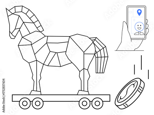 Geometric Trojan horse on wheels, hand holding a mobile with GPS pin and face emotion, and falling coin. Ideal for cybersecurity, hacking, data breach, mobile privacy, digital currency, tech