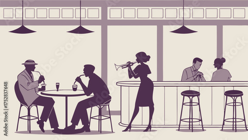 Vintage Jazz Club Night with Live Trumpet Music Performance People Socializing and Enjoying Drinks at Bar and Tables