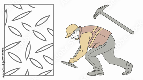 Geologist Exploring Terrain with Hammer and Geological Pattern for Mining Industry