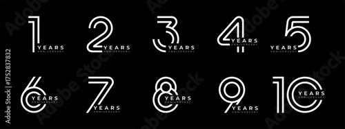 Set of vector logo designs for 1st to 10th anniversary, in white color for celebrations, weddings and birthday