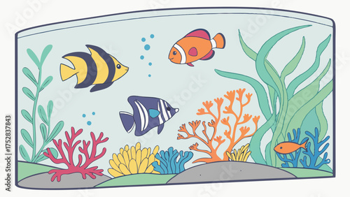 Vibrant Tropical Fish Aquarium Illustration with Colorful Marine Life, Coral, and Seaweed. Peaceful Underwater Scene for Kids Education, Pet Store, and Home Decor.
