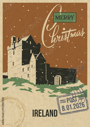 Merry Christmas Ireland Attraction Greeting Card, Medieval Castle Illustration, Vector Template Retro Style Postcard. Postal Imprint, Aged Paper Texture, Snow.