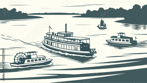 Various River Vessels Navigating Waterway Illustration for Transport Logistics Shipping Travel and Historical Tourism