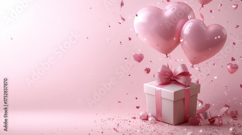 Romantic Valentines Day Gift with Heart Balloons and Confetti.