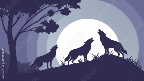 Three Wild Wolves Howling at Full Moon Silhouette Night Landscape Vector Illustration Mysterious Wildlife Background Design