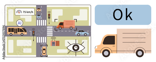 Autonomous vehicles navigating intersection with AI, speed detection, cameras, and traffic lights. Ideal for AI, automation, transport, safety, IoT city planning simple flat metaphor