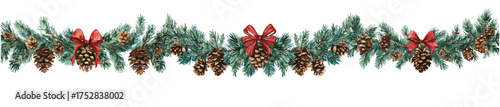 Watercolor border with Christmas garland. Vintage garland of green Christmas tree branches decorated with pine cones and red bows. Template for Christmas banners, designs, etc. 