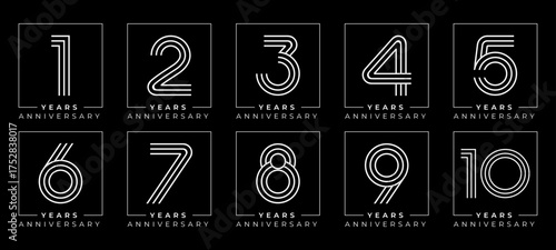 Set of vector logo designs for 1st to 10th anniversary, in white color for celebrations, weddings and birthday