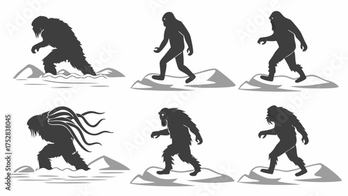 Bigfoot Sasquatch Cryptid Silhouettes Vector Set Mysterious Forest Creature Icons for Wilderness Adventure and Paranormal Research