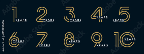 Set of vector logo designs for 1st to 10th anniversary, in gold color for celebrations, weddings and birthday