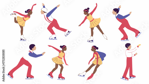 Diverse Ice Skaters Gracefully Performing Winter Sports. Happy Multi-ethnic Kids and Adults Practicing Figure Skating Activities and Training.