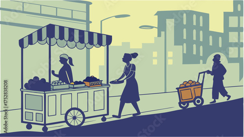 Urban Street Vendor Selling Fresh Food to Customers in a Bustling City Scene Illustration Supporting Local Business and Community