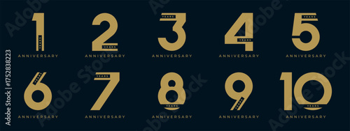 Set of vector logo designs for 1st to 10th anniversary, in gold color for celebrations, weddings and birthday