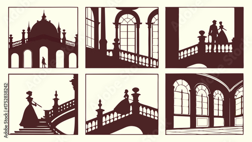 Romantic Silhouettes of Elegant Couples and Guests on Grand Palace Staircases. Luxury Event Design, Historical Drama, Gala Invitations, Sophisticated Storytelling.