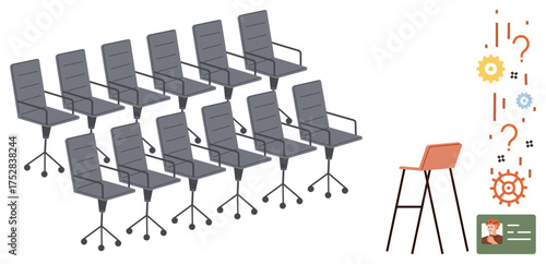 Multiple ergonomic office chairs grouped together, single stool set apart with question marks, exclamation marks, and gears. Ideal for leadership, teamwork, brainstorming, decision-making, change