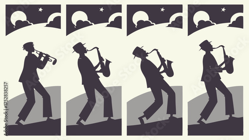 Dynamic Jazz Musicians Playing Saxophone and Trumpet Live Under a Starry Night Sky. Retro Graphic for Music Events, Clubs, and Entertainment Promotion.