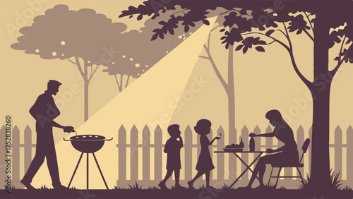 Happy Family Barbecue in Backyard. Parents and Kids Grilling and Enjoying Summer Evening Outdoors