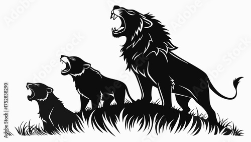 Majestic Roaring Lion Family Silhouette on Grass for Business Leadership Growth and Wildlife Education