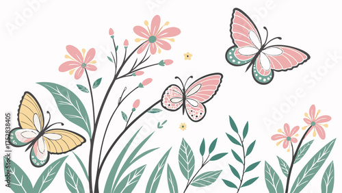 Whimsical Spring Butterflies and Pastel Flowers Illustration Gentle Nature Garden Background for Greeting Cards Web Design and Kids Products