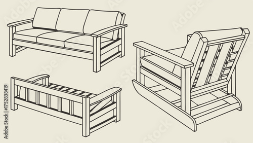 Rustic Wooden Outdoor Furniture Vector Illustration. Patio Sofa, Armchair, Rocking Chair Line Art for Home Decor, Garden Design, and Relaxing Outdoor Living.