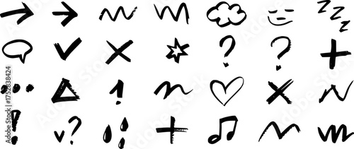 Collection of Hand-Drawn Black and White Symbols and Icons on White Background