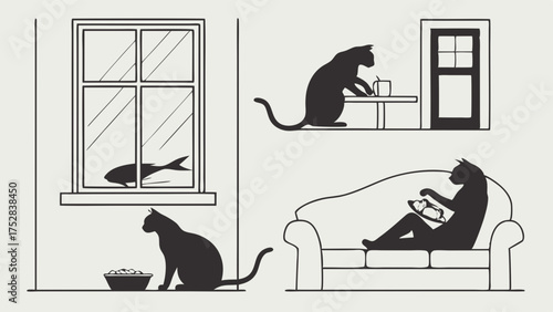 Whimsical Black Cats Doing Human-like Daily Chores and Relaxing at Home. Funny Pet Lifestyle Illustration for Web Design.