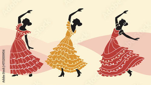 Vibrant Latina Dancers Silhouettes in Traditional Ruffled Dresses for Cultural Festival Celebration and Event Marketing