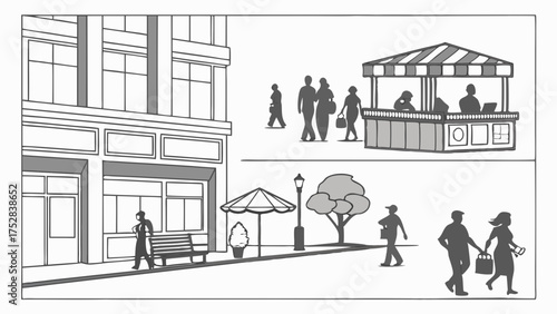 Busy City Street Scene with People Shopping, Walking, and Outdoor Market Stall. Retail Stores and Urban Life Illustration.