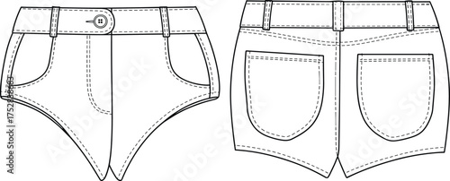 Fashion CAD drawing, high waist shorts with curved front pockets and patch back pockets, front and back view, technical flat sketch