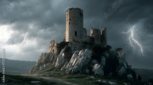 Wallpaper Mural Horror-inspired poster with an abandoned stone castle on top of a rocky cliff, lightning striking in the sky Torontodigital.ca
