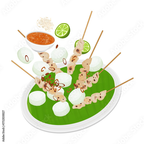 Vector Illustration Logo Clipart Levitation Sate Taichan Indonesian Chicken Skewer with Lontong