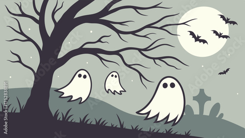 Eerie Halloween Night Illustration with Cute Flying Ghosts Bats Full Moon and Spooky Tree for Festive Party Invitations and Seasonal Marketing
