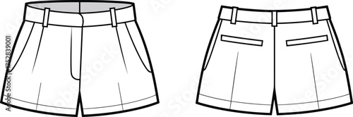 Fashion CAD drawing, tailored shorts with welt pockets and belt loops, front and back view, technical flat sketch, apparel design, sewing pattern