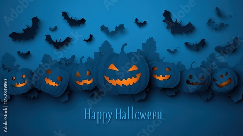Halloween-Themed Background Template (Blue Color Scheme): Dark Blue Gradient, Pumpkins & Bats, Ample Text Space for Posters/Decor/Digital Designs