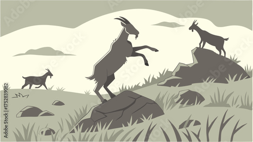 Wild Mountain Goats Climbing Rocky Terrain Monochromatic Illustration Agile Animals Showing Strength Determination and Resilience