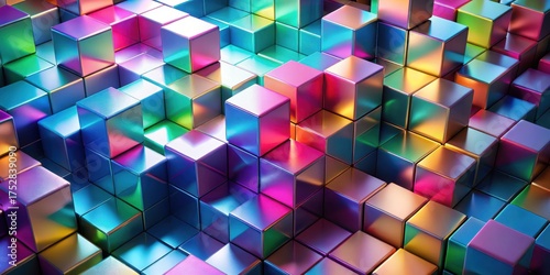 Abstract iridescent cube arrangement, vibrant multicolored blocks forming a dynamic three-dimensional pattern, reflecting light and showcasing a spectrum of colors