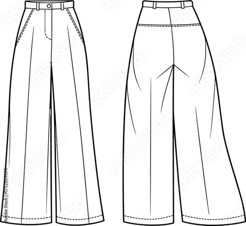 Fashion CAD drawing, wide leg trousers with high waist and front pleats, slanted side pockets, front and back view, technical flat sketch