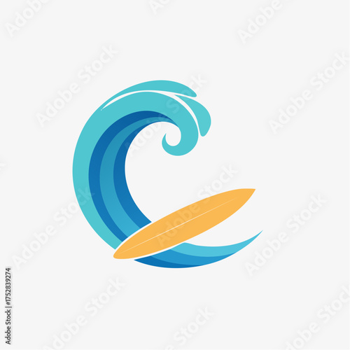Stylized Surfboard and Wave Logo Design Illustration.