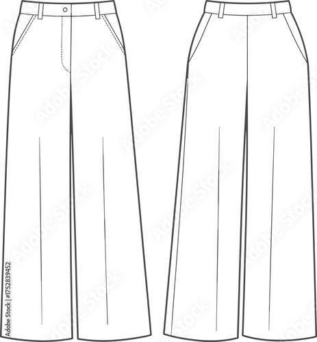 Fashion CAD drawing, wide leg trousers with high waist and slanted side pockets, front and back view, technical flat sketch, apparel design