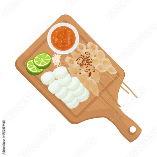 Vector Illustration Logo Clipart Top View Indonesian Satay or Sate Taichan with Lontong 