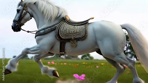 white horse running in a meadow against a white sky.